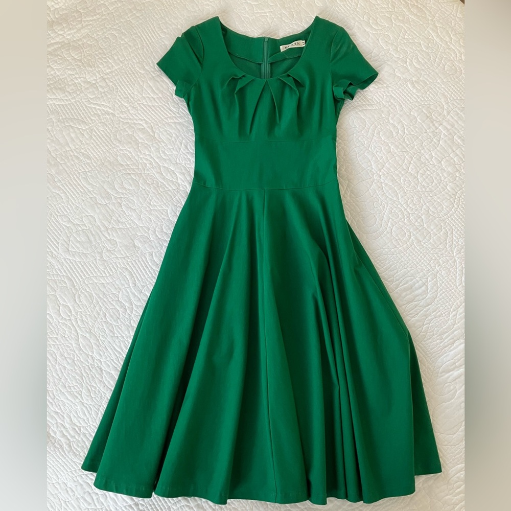 Dark green midi dress fit and flare small/medium size cotton blend thick fabric